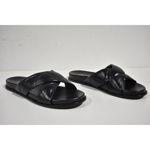 Prada Quilted Criss Cross Strap Black Leather Logo Slide Sandal Mule Flat 39.5 - Picture 8 of 12